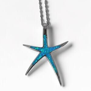 Vintage Sterling Silver Blue Opal Starfish Pendant Necklace Nautical Ocean 18"